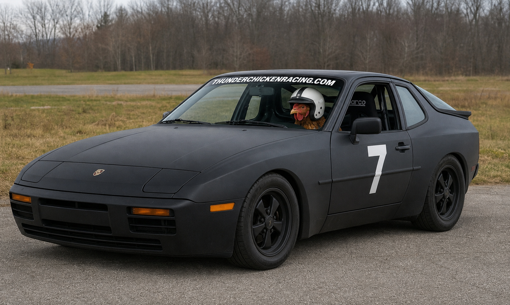 Black race car with number 7, driven by a person wearing a chicken mask and helmet